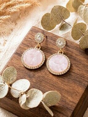 Women's Gold And Pink Marble & Rhinestone Statement Cocktail Drop Earrings